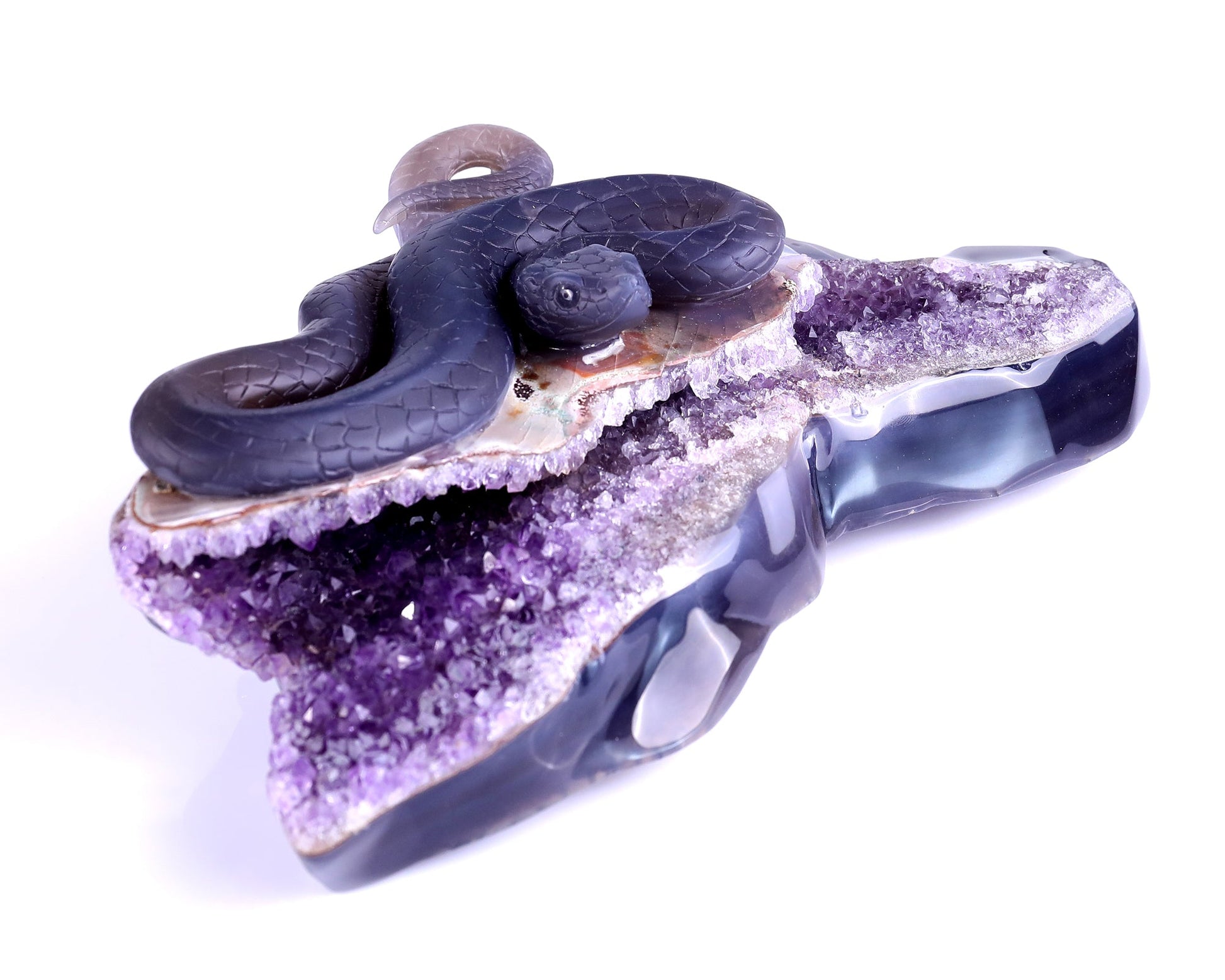 Nicedony 10.9" Amethyst Geode Agate Hand Carved Snake Sculpture