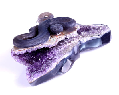 Nicedony 10.9" Amethyst Geode Agate Hand Carved Snake Sculpture