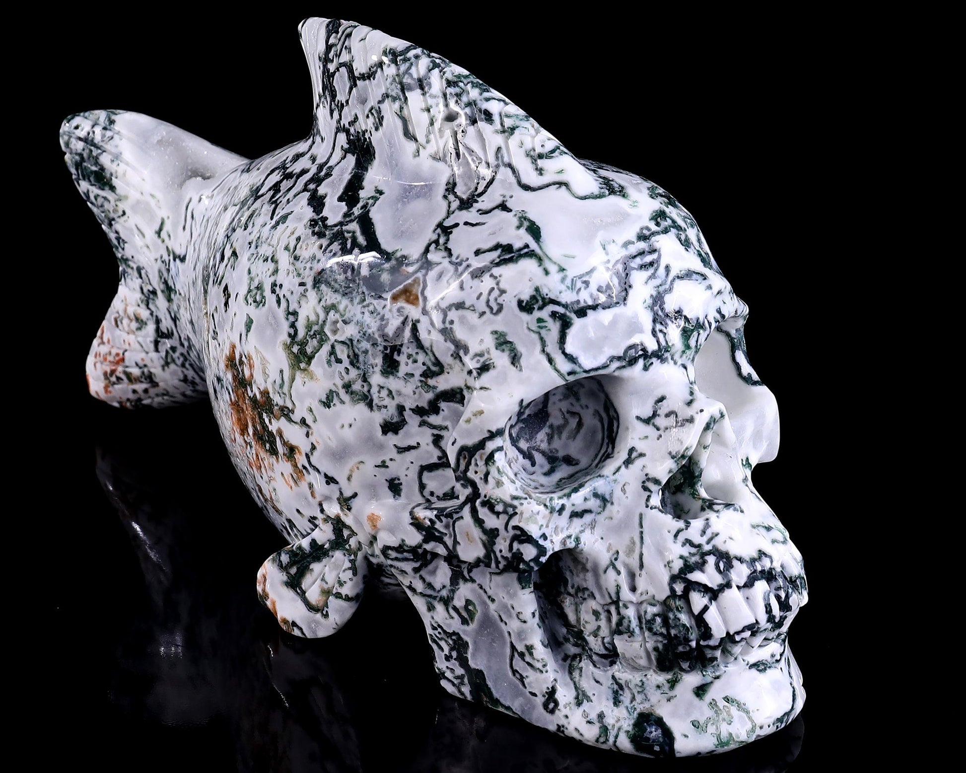 Nicedony 11.4" Moss Agate Hand Carved Crystal Fish Shape Skull Sculpture