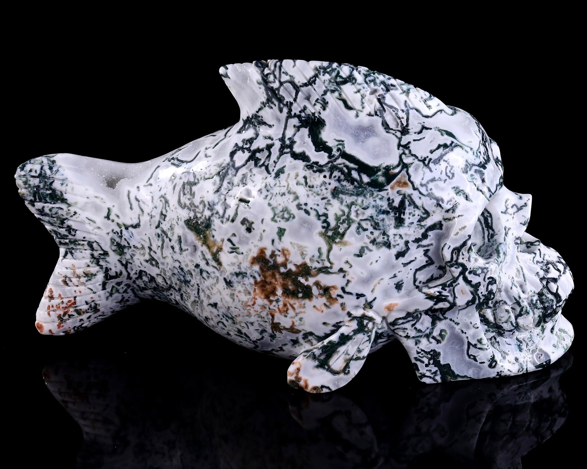 Nicedony 11.4" Moss Agate Hand Carved Crystal Fish Shape Skull Sculpture - View 3