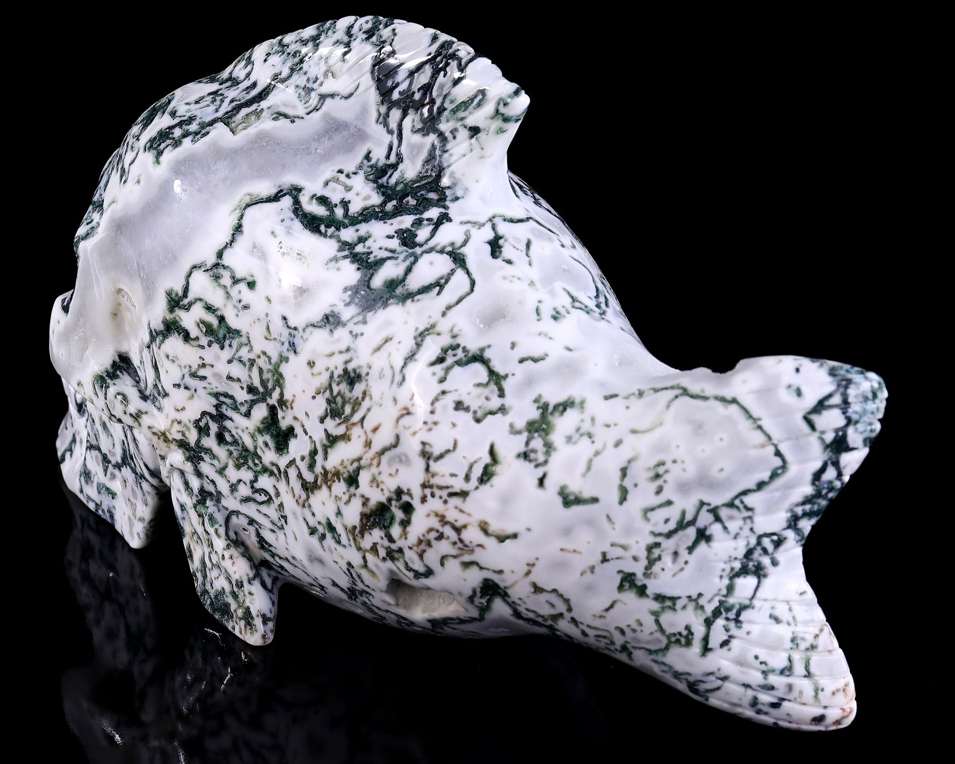 Nicedony 11.4" Moss Agate Hand Carved Crystal Fish Shape Skull Sculpture - View 6