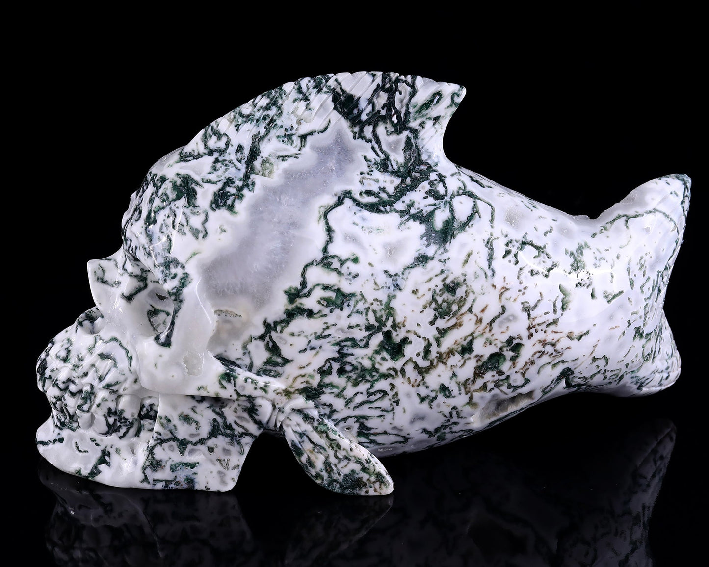 Nicedony 11.4" Moss Agate Hand Carved Crystal Fish Shape Skull Sculpture - View 7