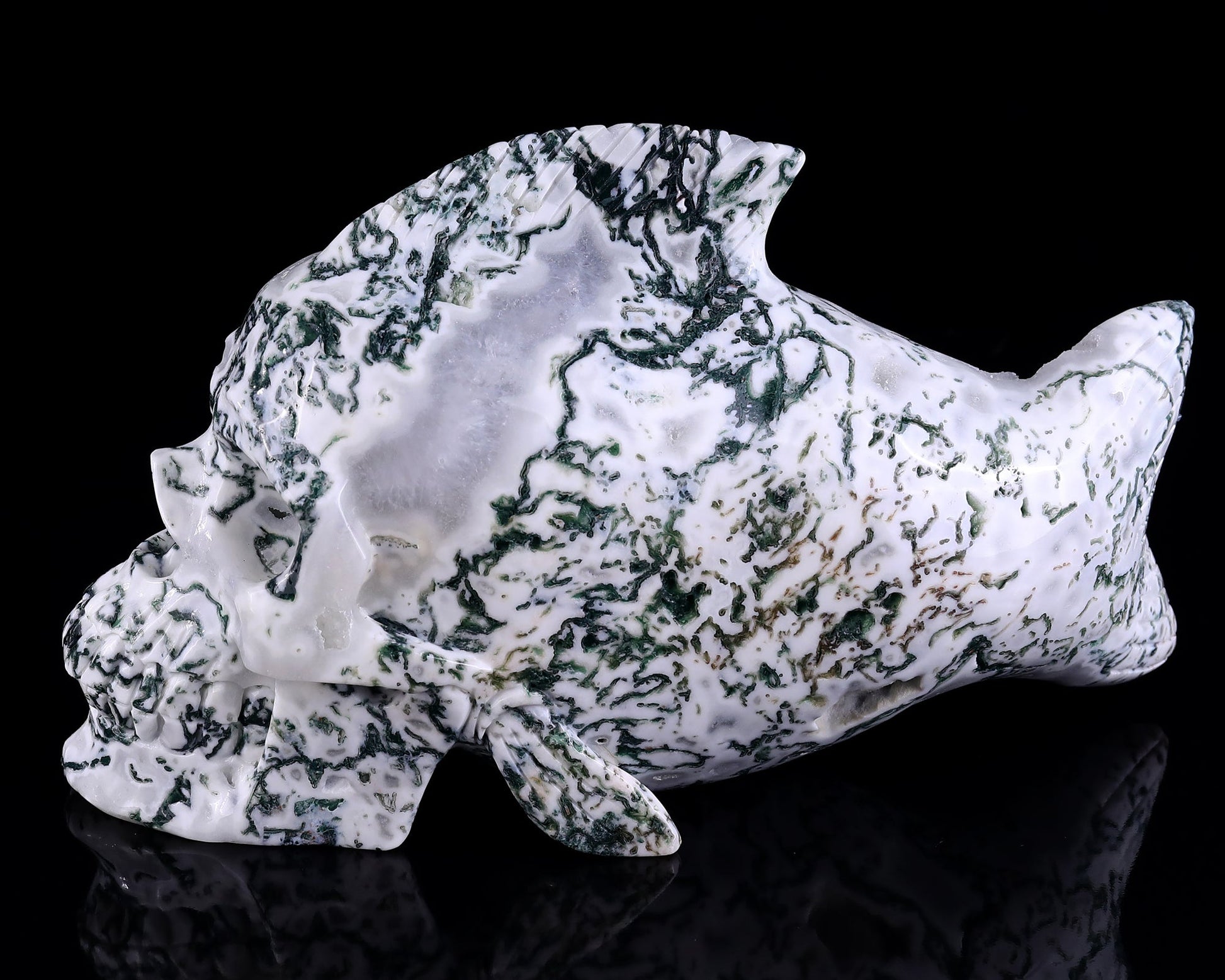 Nicedony 11.4" Moss Agate Hand Carved Crystal Fish Shape Skull Sculpture - View 7