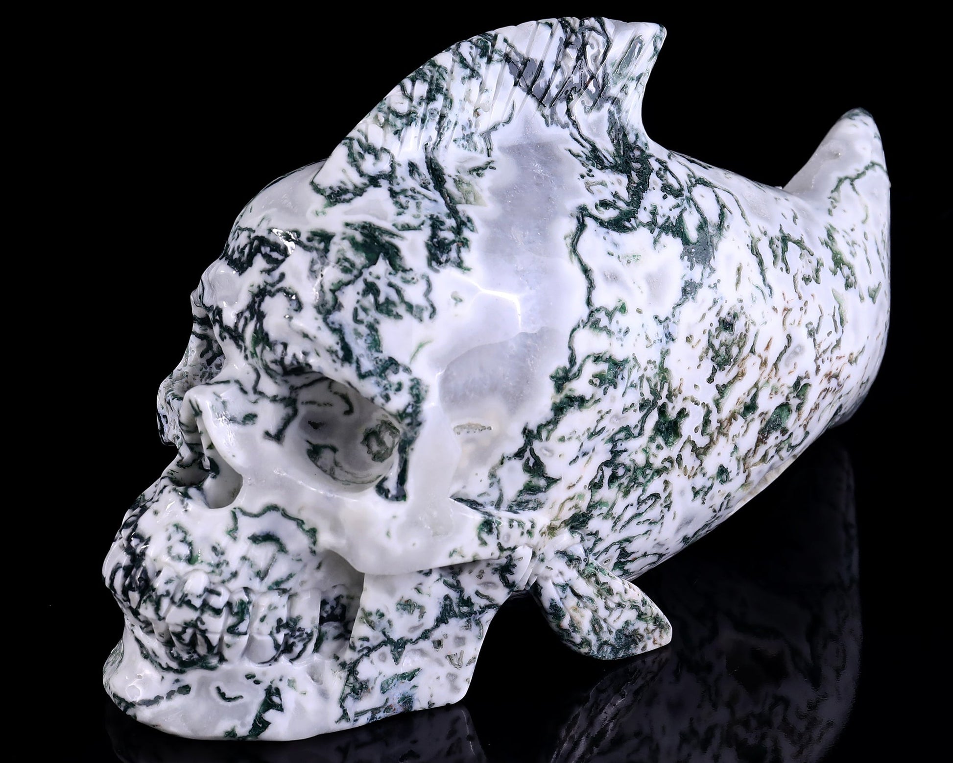 Nicedony 11.4" Moss Agate Hand Carved Crystal Fish Shape Skull Sculpture - View 9