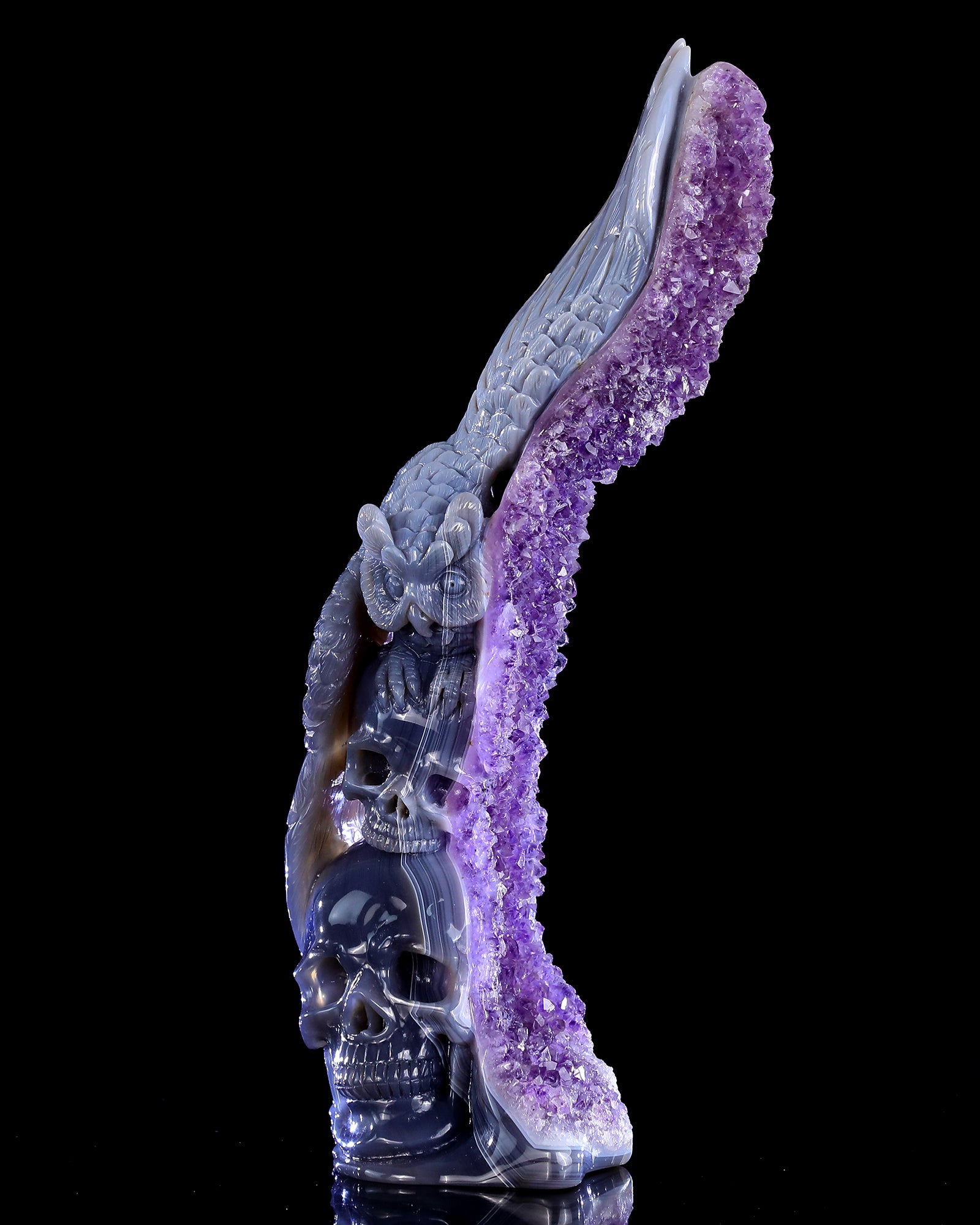 Nicedony 11.8" Amethyst Druse Agate Hand Carved Skulls and Owl - View 2