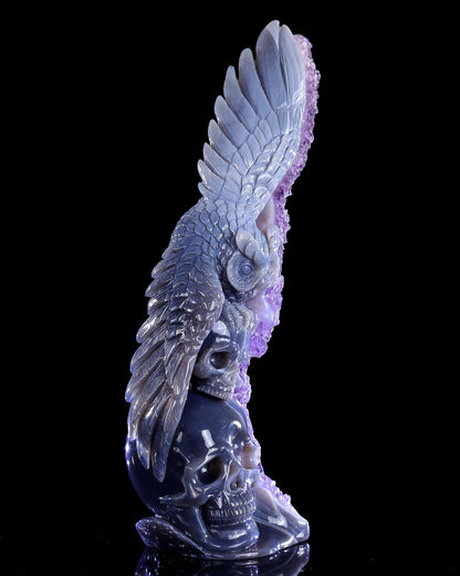 Nicedony 11.8" Amethyst Druse Agate Hand Carved Skulls and Owl - View 5