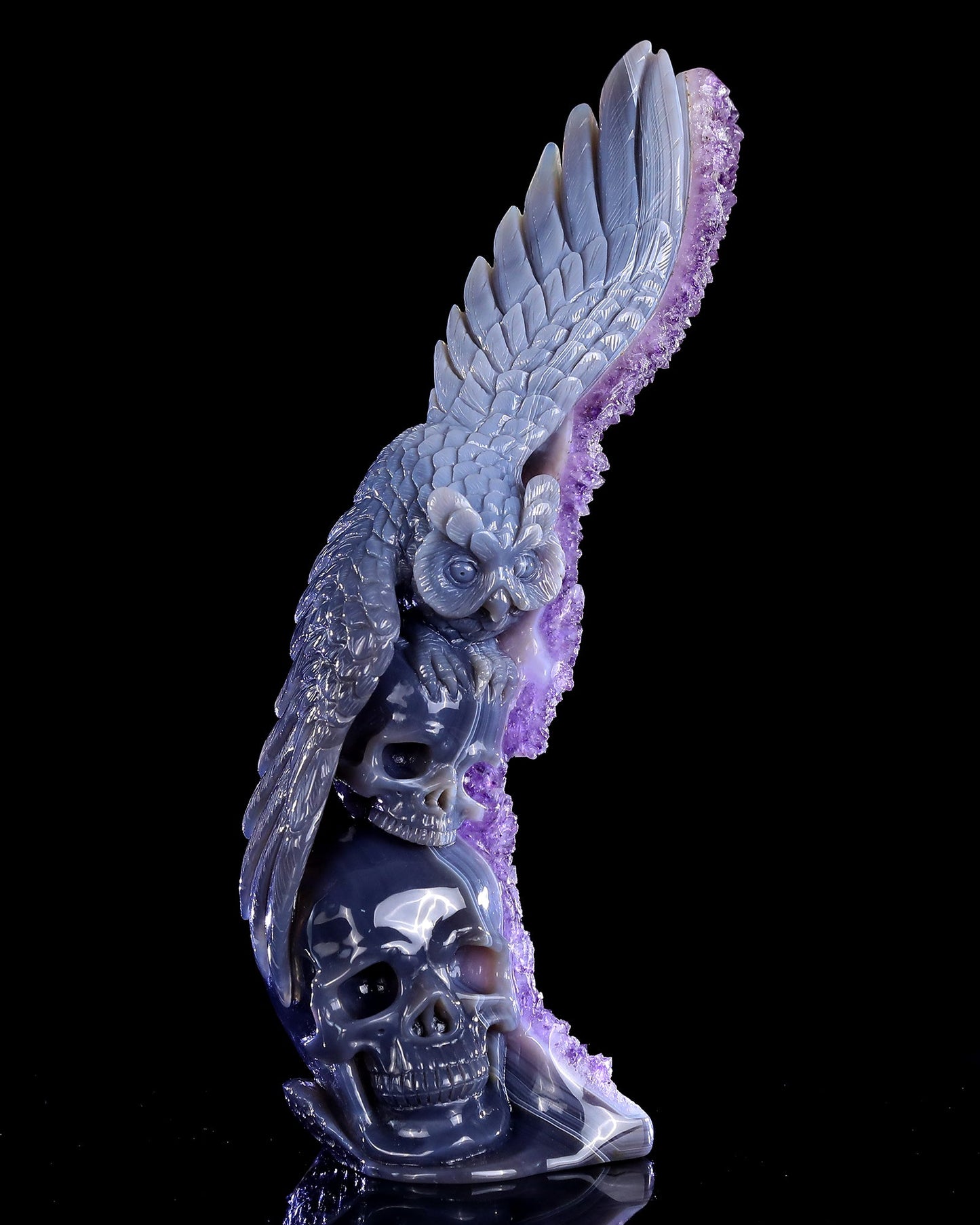 Nicedony 11.8" Amethyst Druse Agate Hand Carved Skulls and Owl - View 6