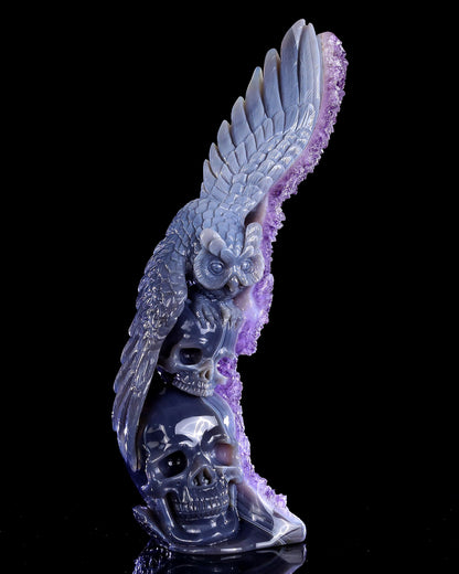 Nicedony 11.8" Amethyst Druse Agate Hand Carved Skulls and Owl - View 6