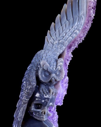 Nicedony 11.8" Amethyst Druse Agate Hand Carved Skulls and Owl - View 7