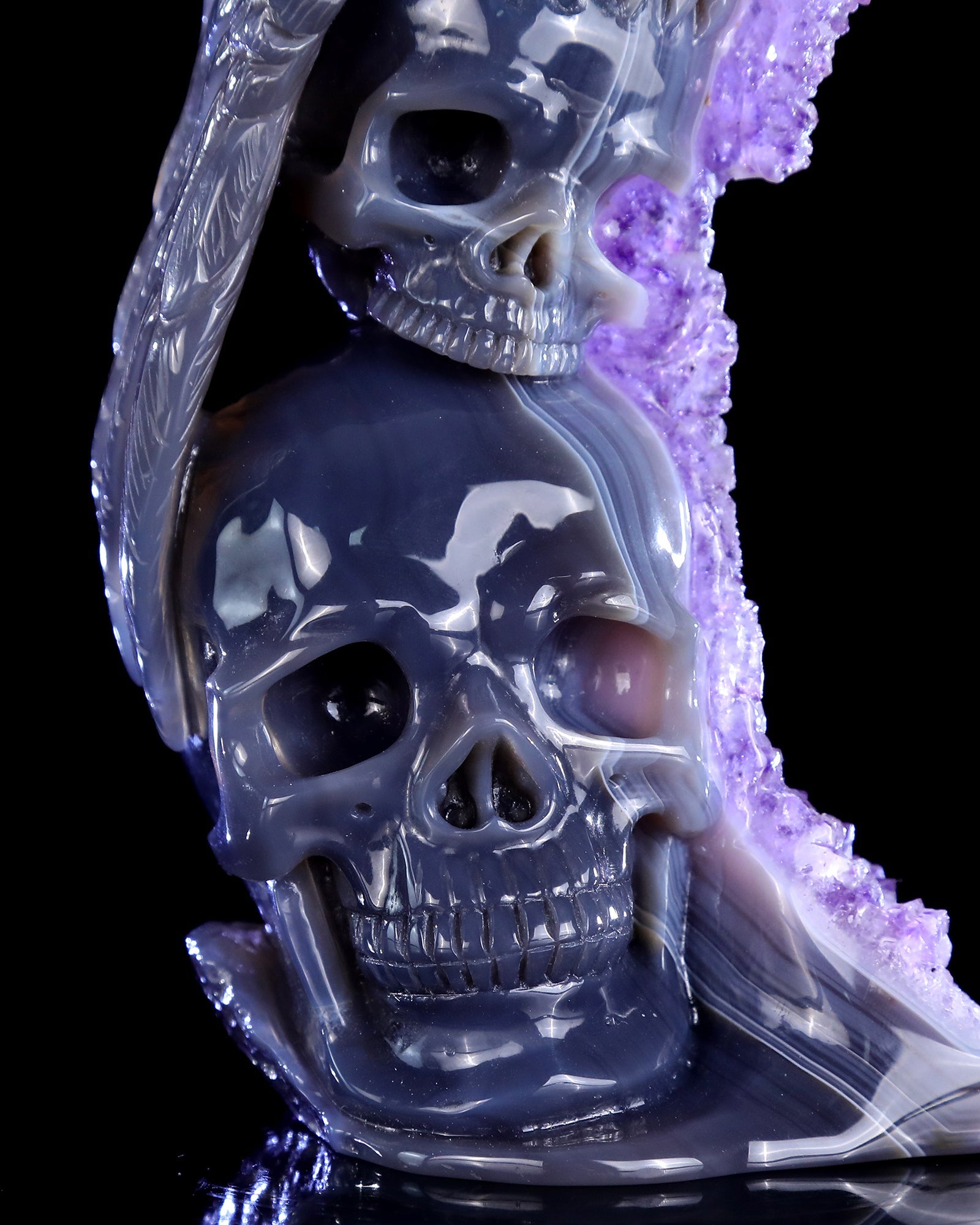 Nicedony 11.8" Amethyst Druse Agate Hand Carved Skulls and Owl - View 8