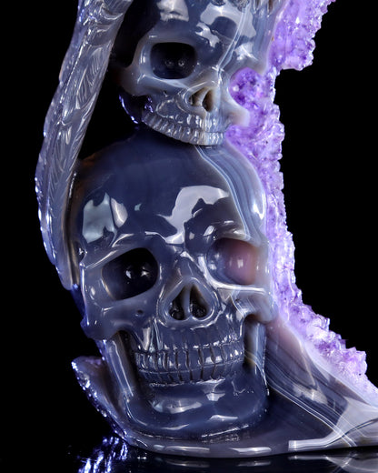 Nicedony 11.8" Amethyst Druse Agate Hand Carved Skulls and Owl - View 8