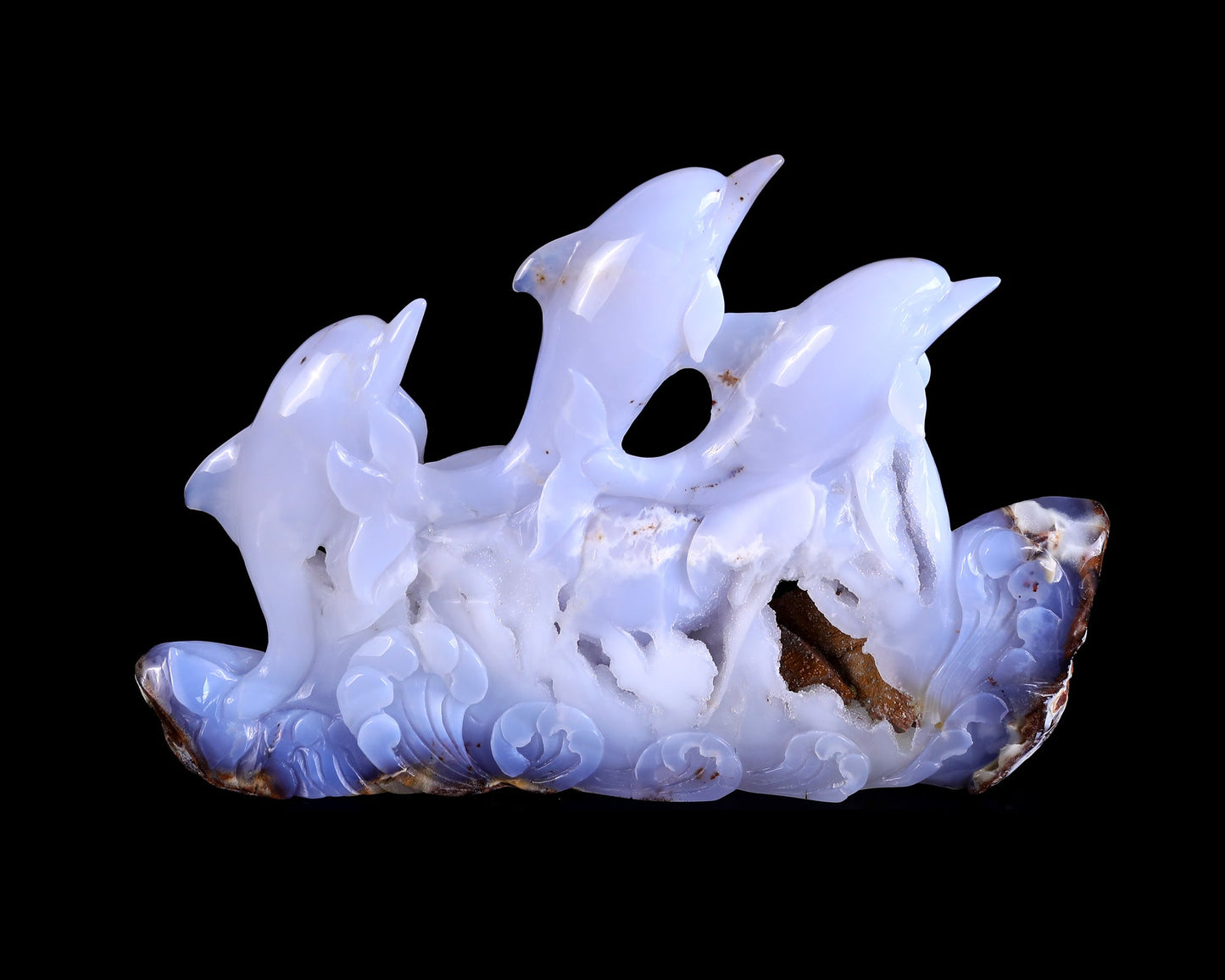 Nicedony 11.8" Blue Chalcedony Hand Carved Crystal Dolphins Sculpture - View 5