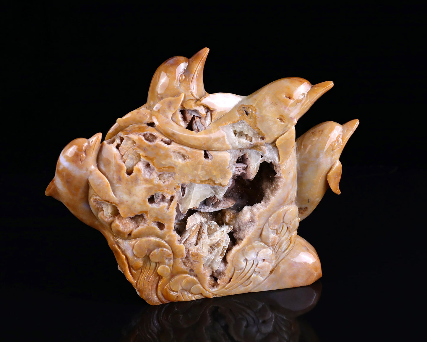Nicedony 11" Chalcedony Hand Carved Crystal Dolphins Sculpture