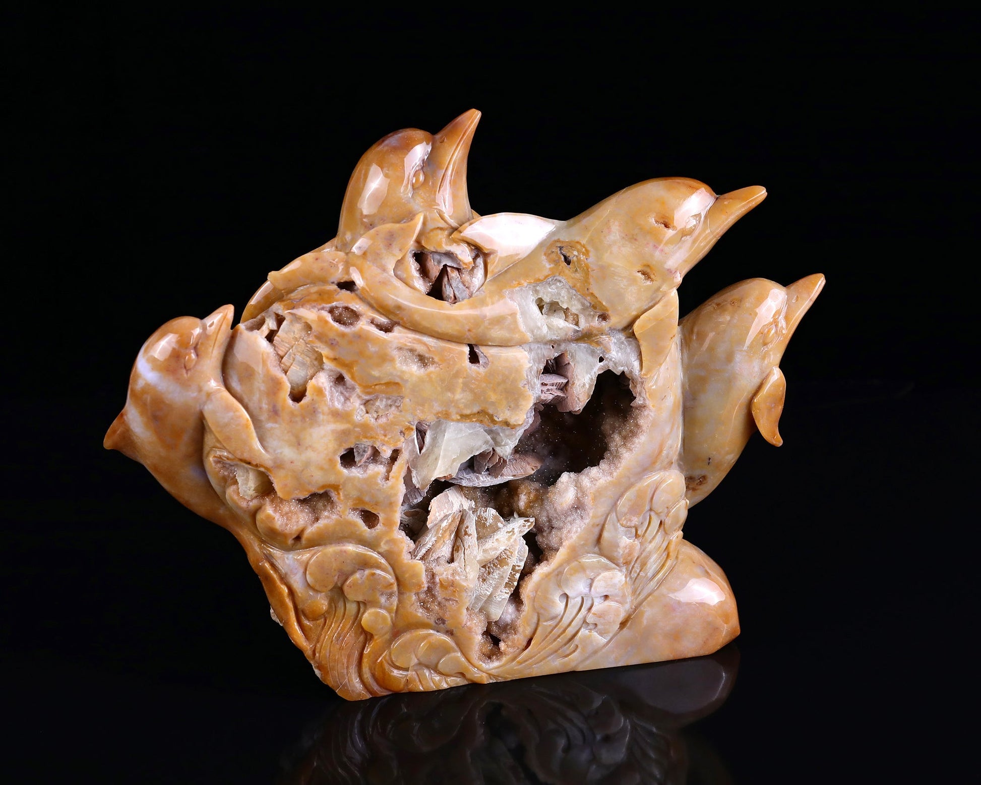 Nicedony 11" Chalcedony Hand Carved Crystal Dolphins Sculpture