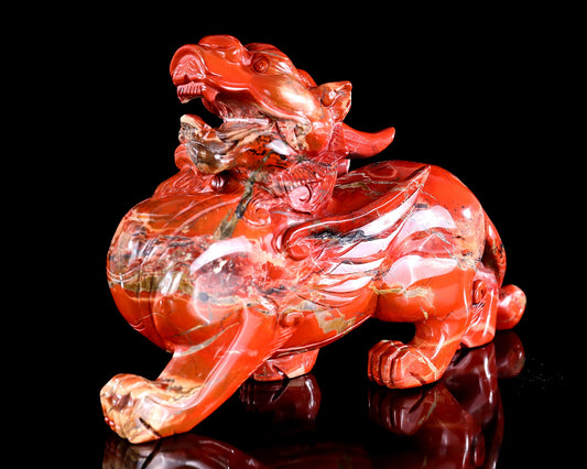 Nicedony 11" Natural Red Jasper Hand Carved Crystal Kylin Sculpture