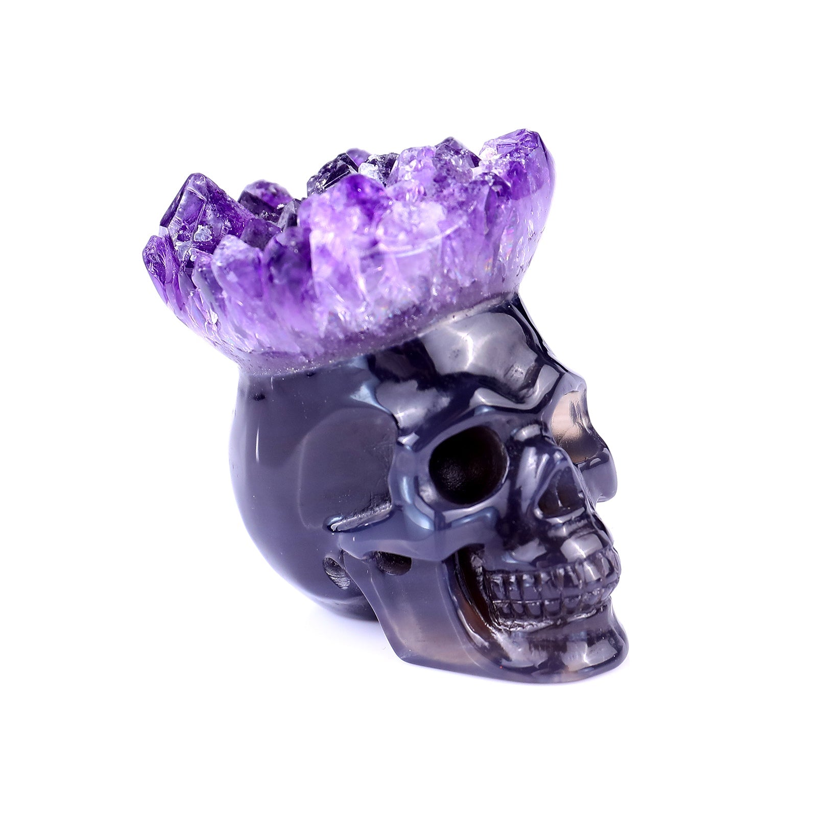 Nicedony 2.1" Amethyst Druse Agate Hand Carved Mineral Specimen Skull Sculpture
