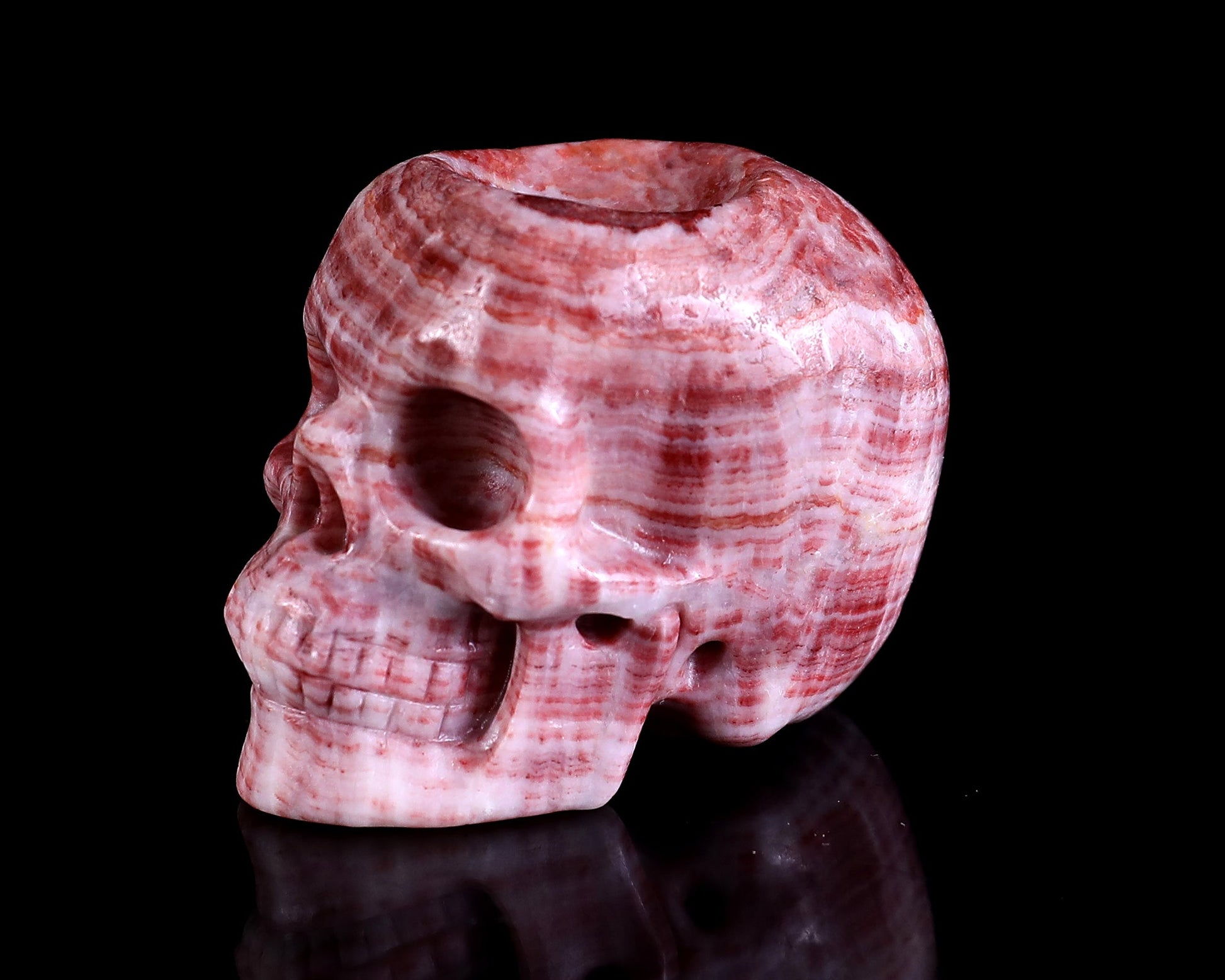 Nicedony 2.2" Red Zebra Agate Hand Carved Crystal Realistic Skull Ball Stand Sculpture - View 6