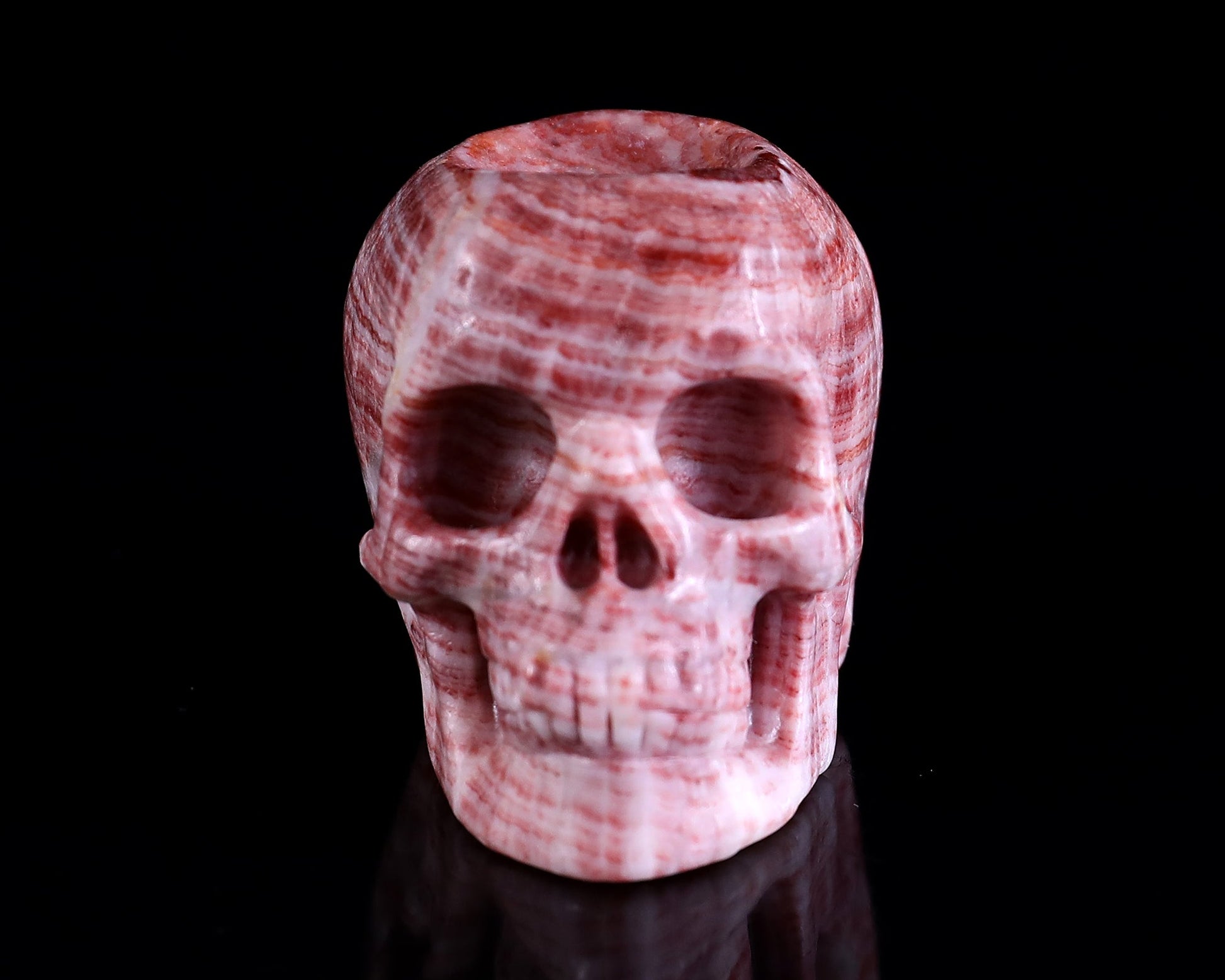 Nicedony 2.2" Red Zebra Agate Hand Carved Crystal Realistic Skull Ball Stand Sculpture - View 3