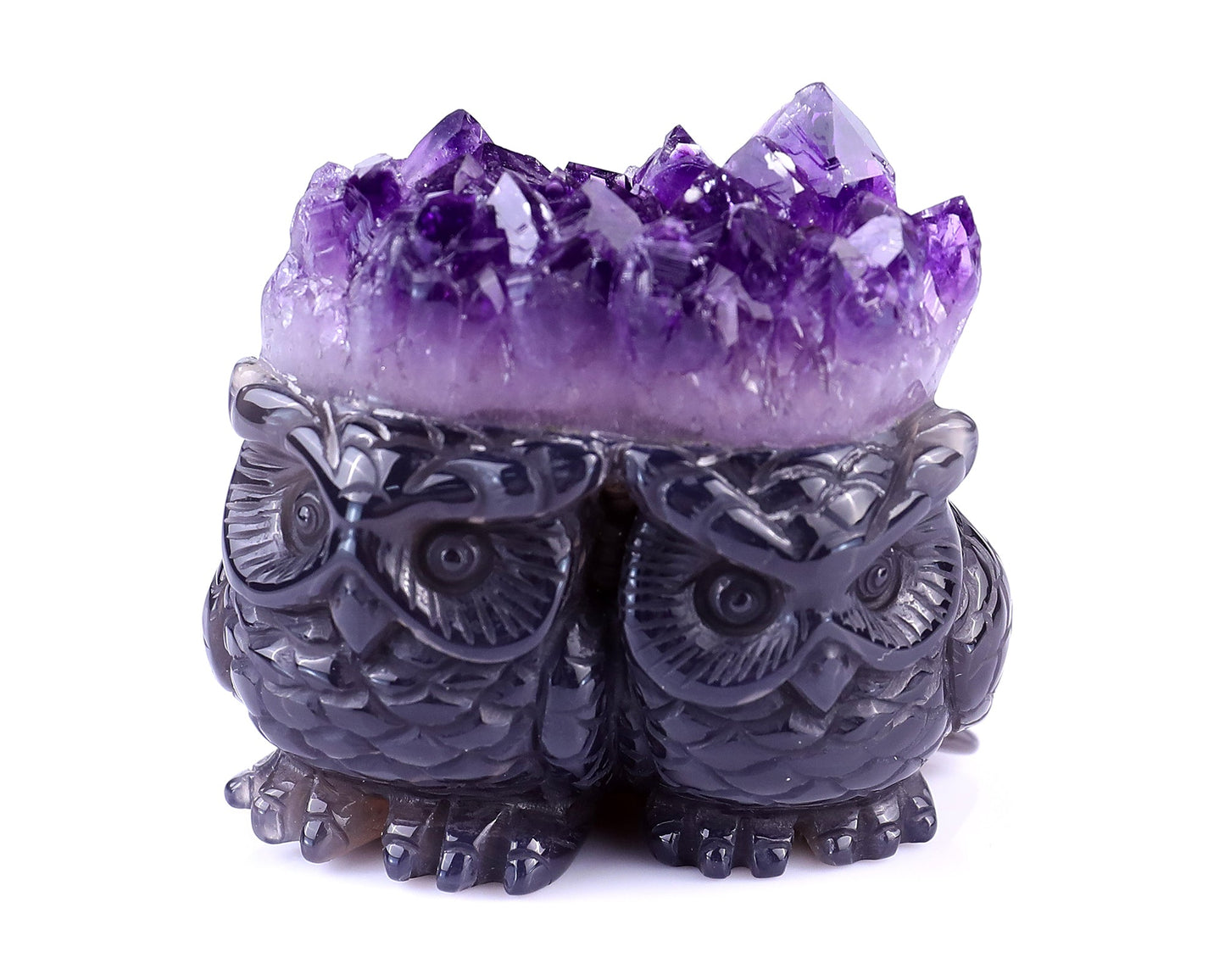 Nicedony 2.3" Amethyst Druse Agate Hand Carved Crystal Owls Sculpture