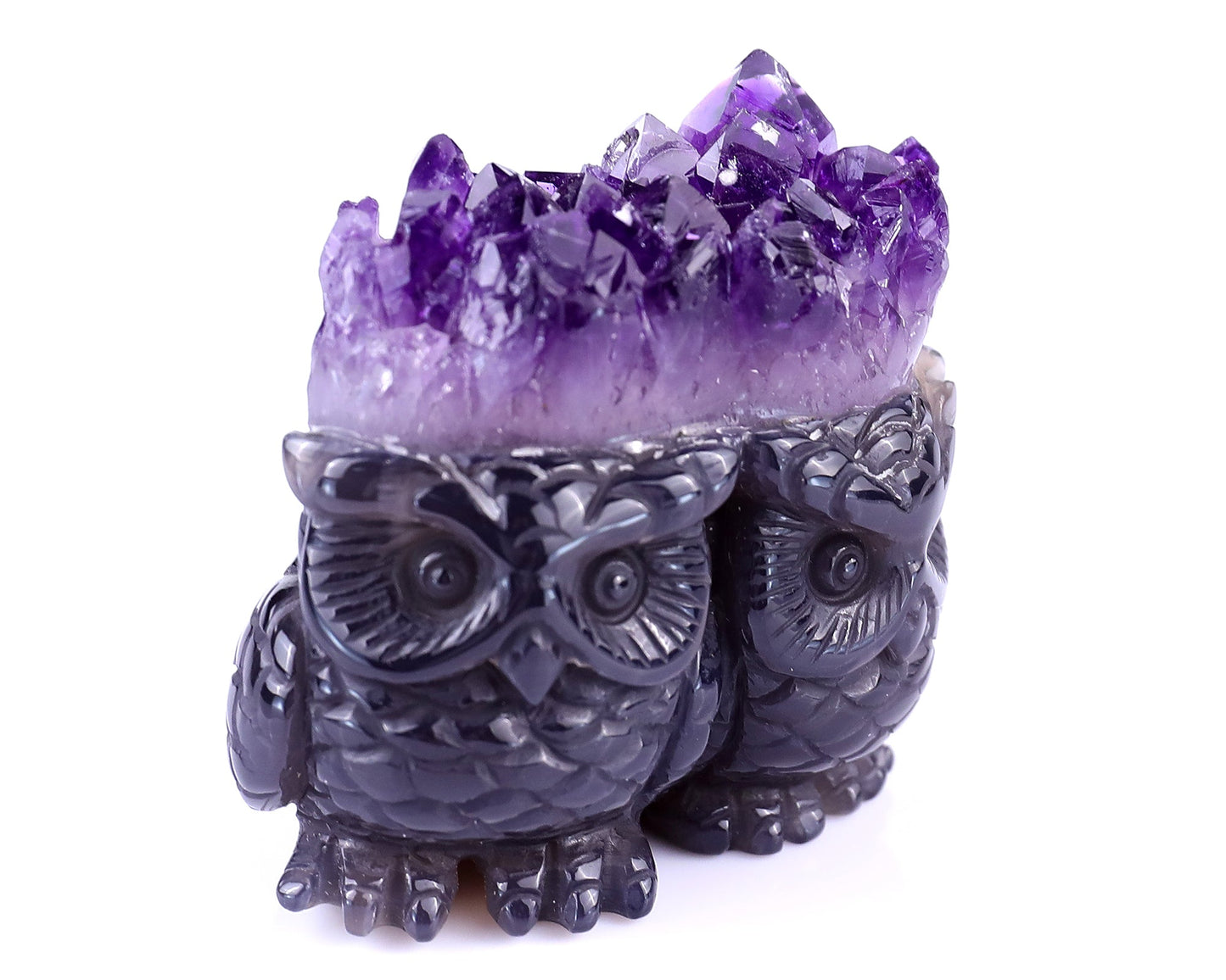 Nicedony 2.3" Amethyst Druse Agate Hand Carved Crystal Owls Sculpture - View 2
