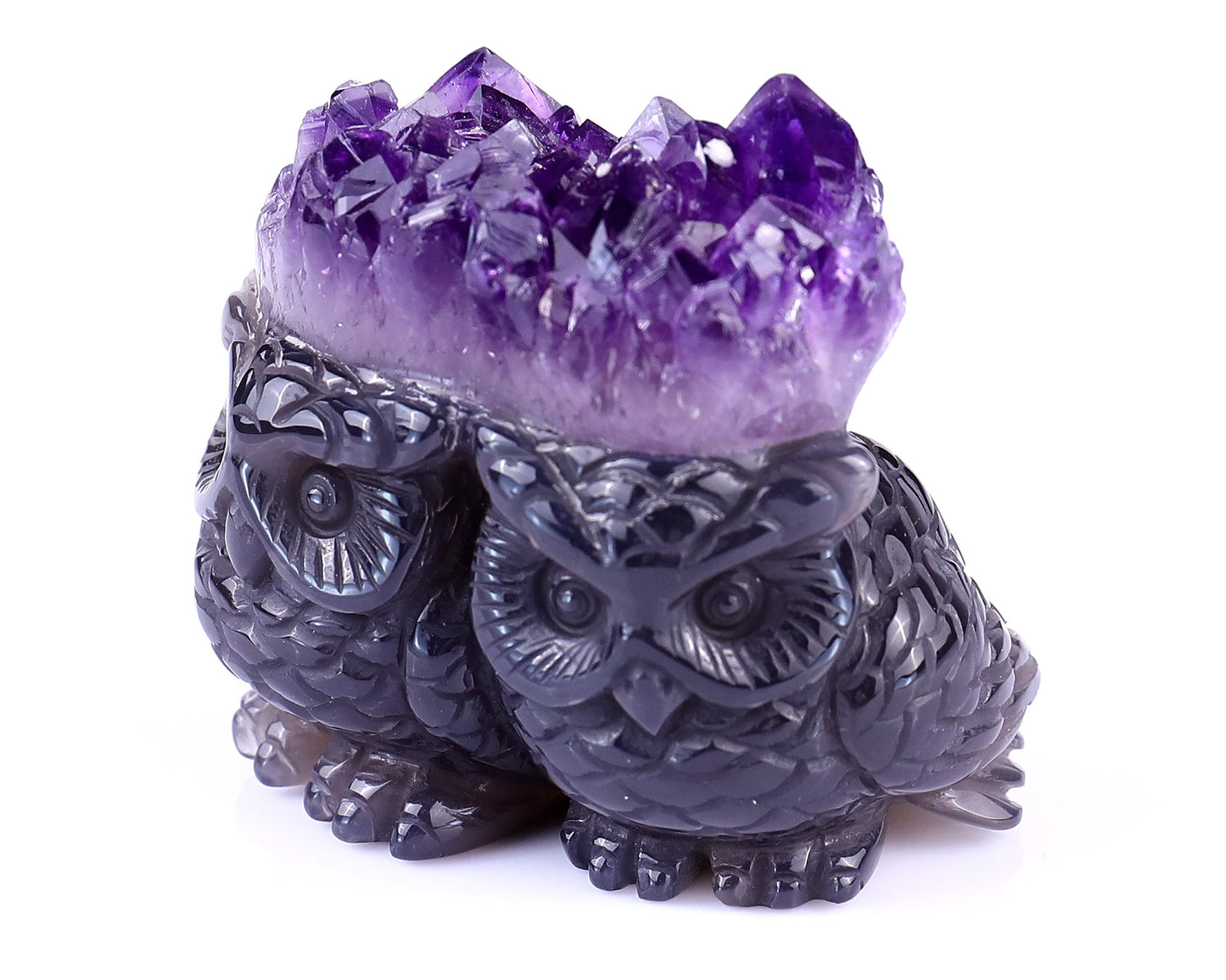 Nicedony 2.3" Amethyst Druse Agate Hand Carved Crystal Owls Sculpture - View 7