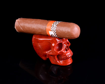 Nicedony 2.3" Red Jasper Hand Carved Realistic Skull Cigar Stand