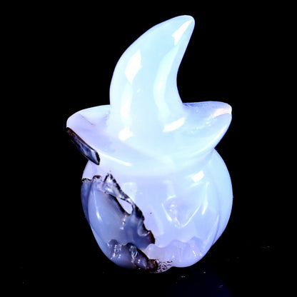 Nicedony 2.4” Natural Blue Chalcedony Hand Carved Crystal Wizard Pumpkin Sculpture, Halloween Gift