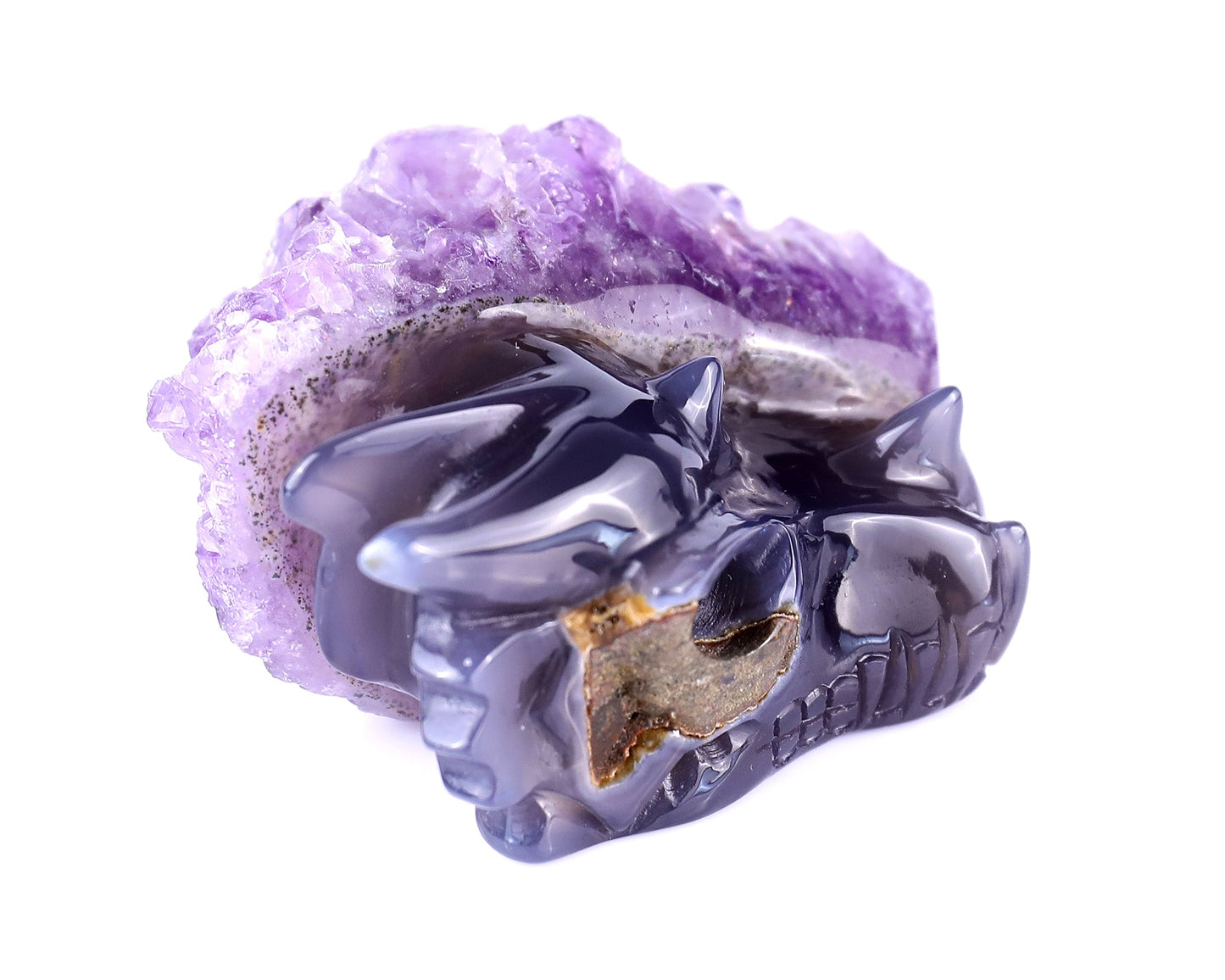 Nicedony 2.5" Amethyst Druse Agate Hand Carved Dragon Skull Sculpture - View 3