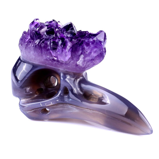 Nicedony 2.8" Amethyst Druse Agate Hand Carved Raven Skull Sculpture