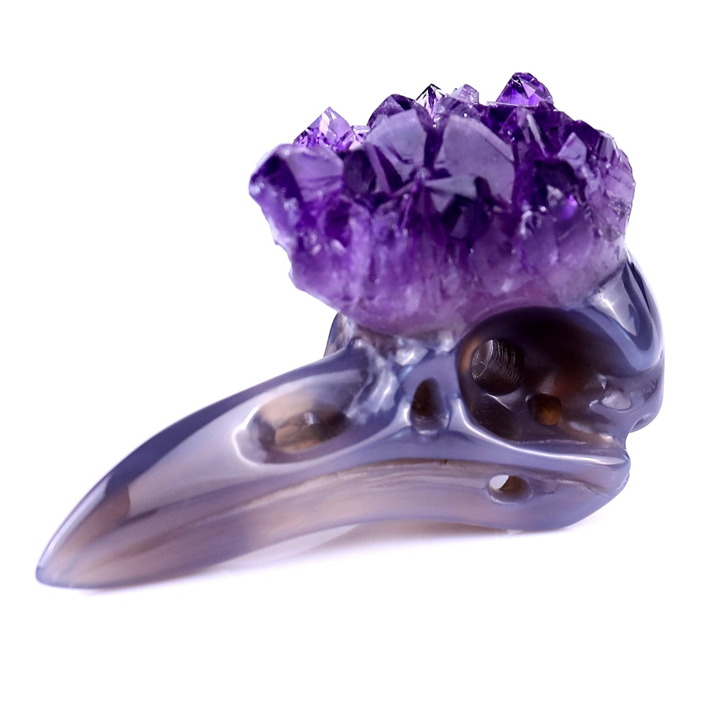 Nicedony 2.8" Amethyst Druse Agate Hand Carved Raven Skull Sculpture - View 7