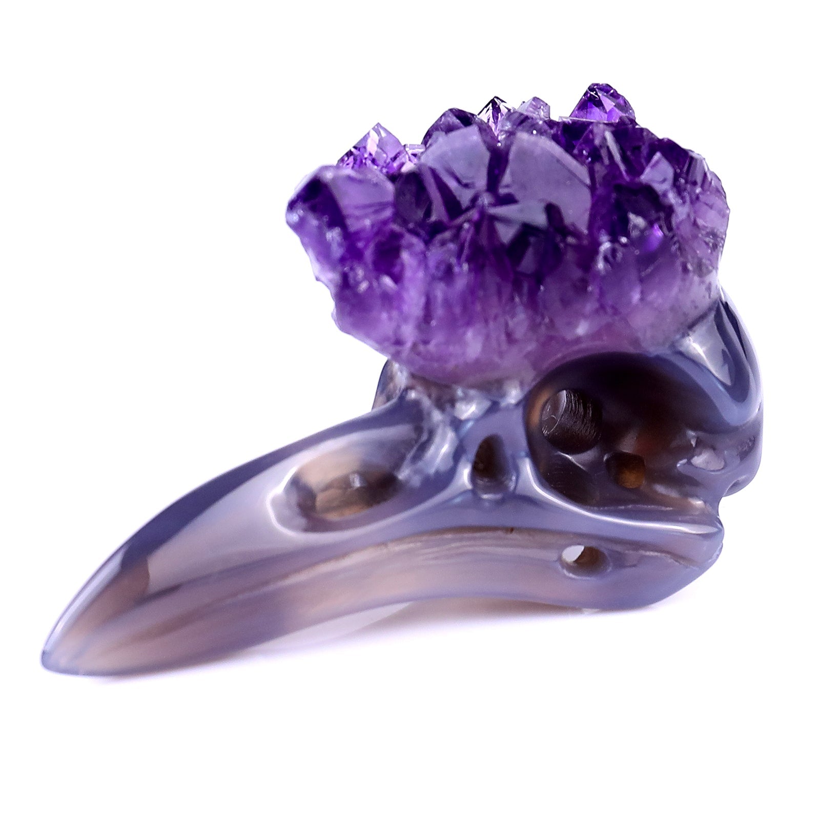 Nicedony 2.8" Amethyst Druse Agate Hand Carved Raven Skull Sculpture - View 7