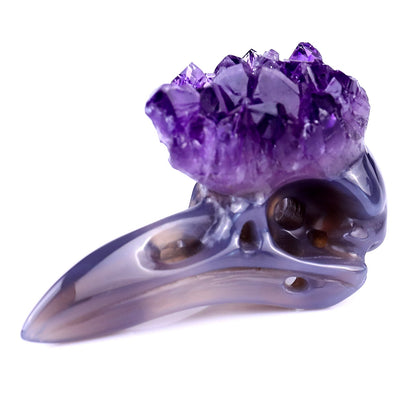 Nicedony 2.8" Amethyst Druse Agate Hand Carved Raven Skull Sculpture - View 7