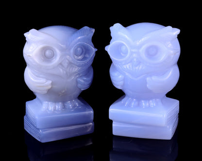 Nicedony 2.9" Blue Chalcedony Hand Carved Crystal Owl Sculpture