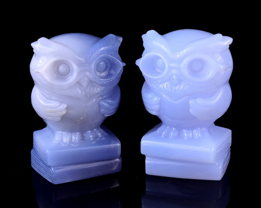 Nicedony 2.9" Blue Chalcedony Hand Carved Crystal Owl Sculpture