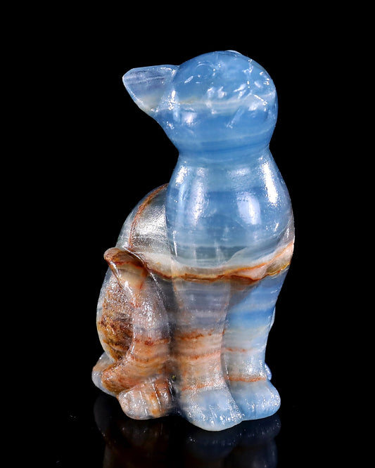 Nicedony 2.9" Natural Blue Onyx Hand Carved Crystal Cat Sculpture - #3100867