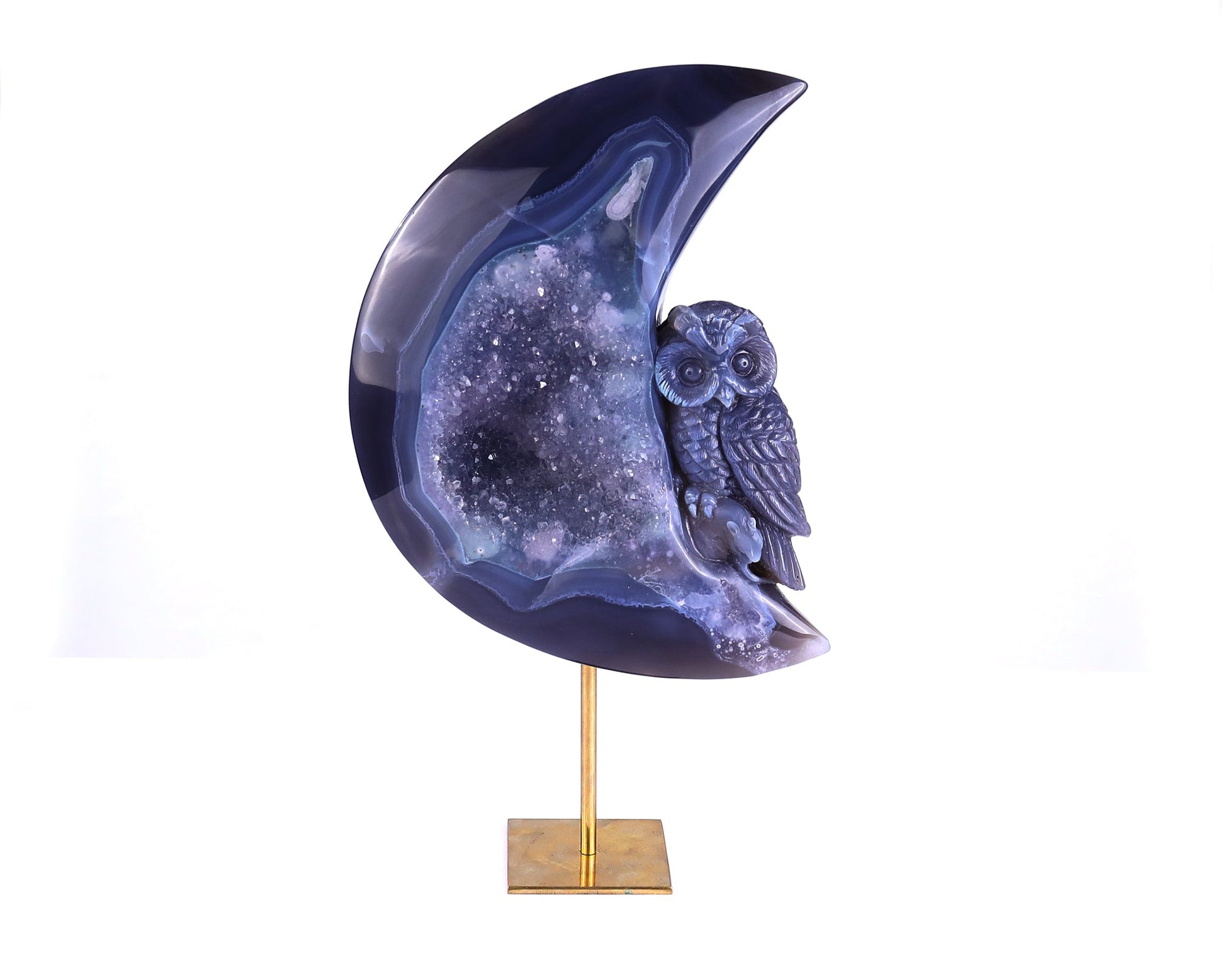 Nicedony 20.2" Quartz Rock Druse Hand Carved Crystal Owl Sculpture