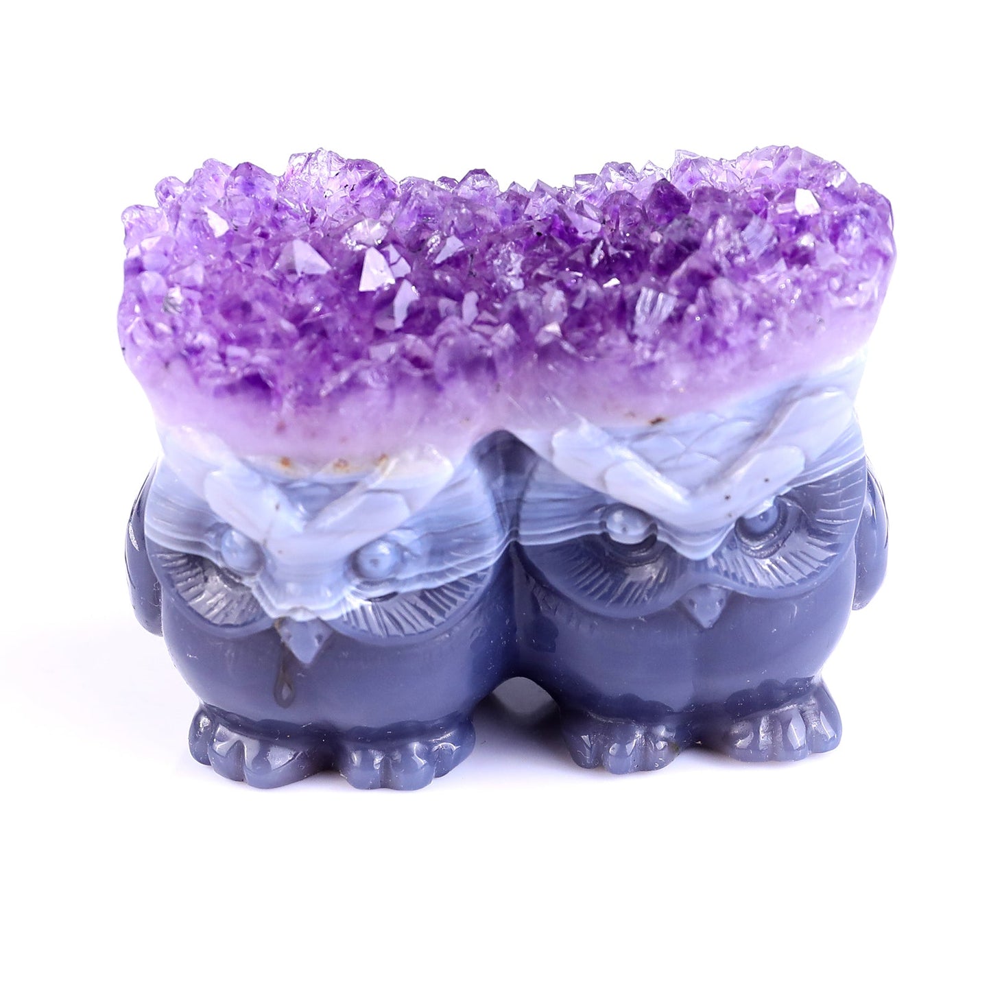 Nicedony 3.0" Amethyst Druse Agate Hand Carved Crystal Owls Sculpture