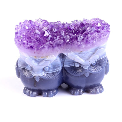 Nicedony 3.0" Amethyst Druse Agate Hand Carved Crystal Owls Sculpture