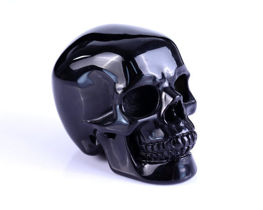 Nicedony 3.0" Black Obsidian Hand Carved Realistic Skull Sculpture - #5100156