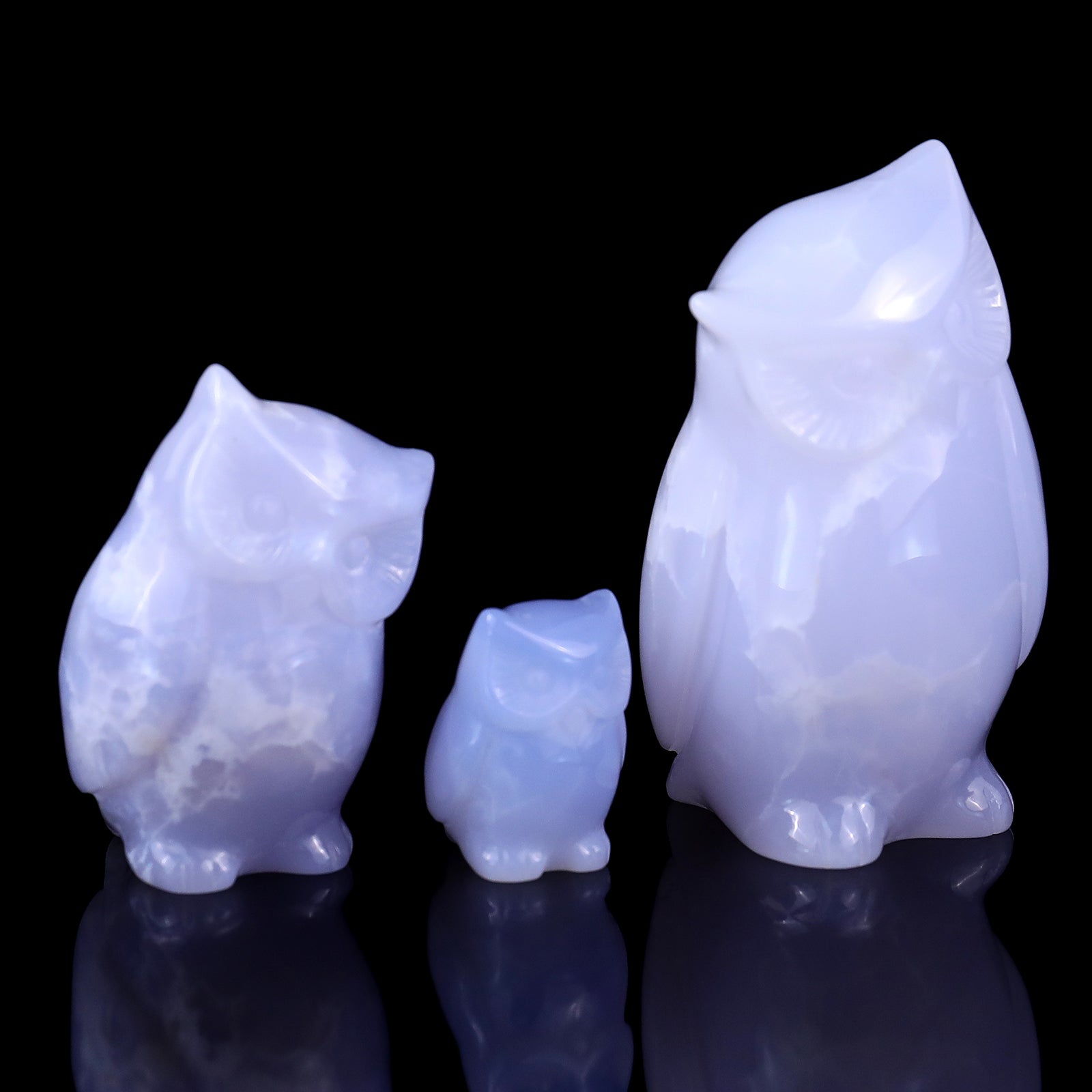 Nicedony 3.0" Blue Chalcedony Hand Carved Crystal Owl’s Family Sculpture - View 3