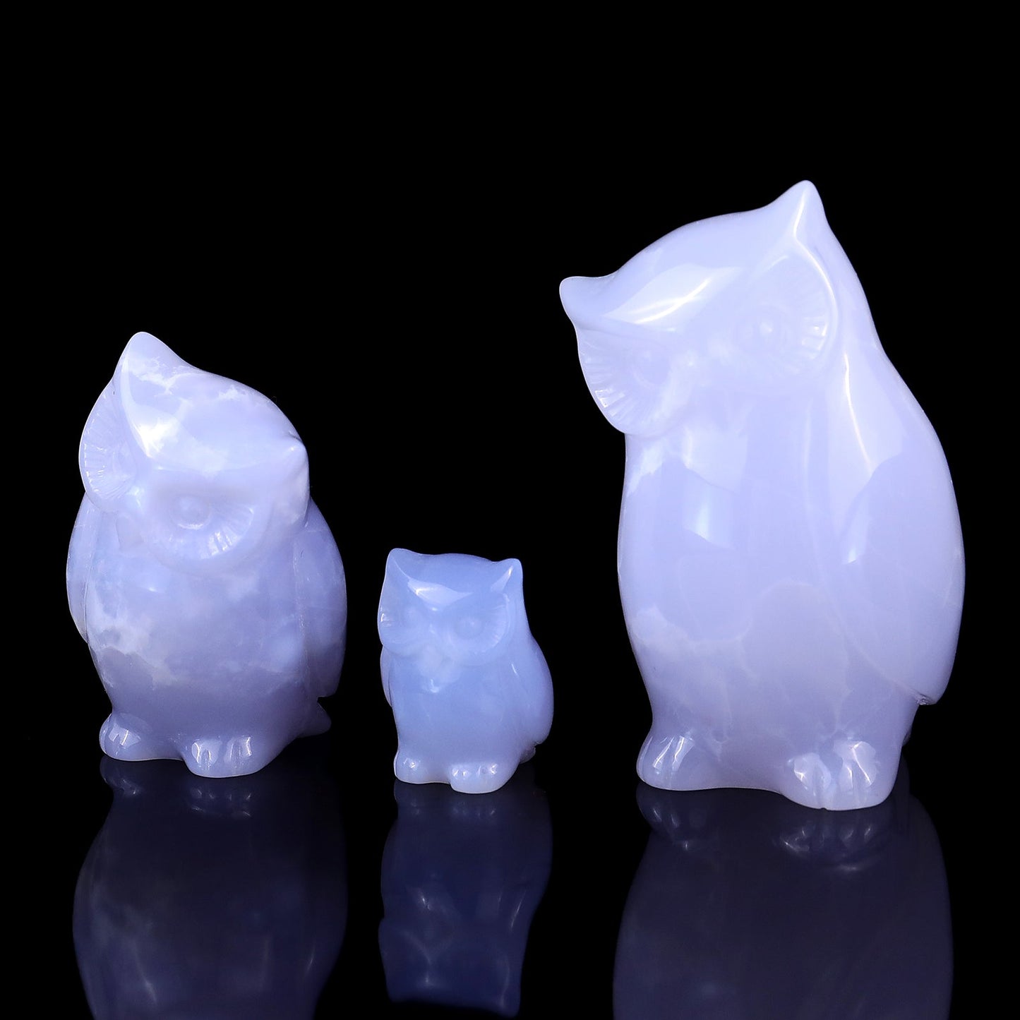 Nicedony 3.0" Blue Chalcedony Hand Carved Crystal Owl’s Family Sculpture - View 8
