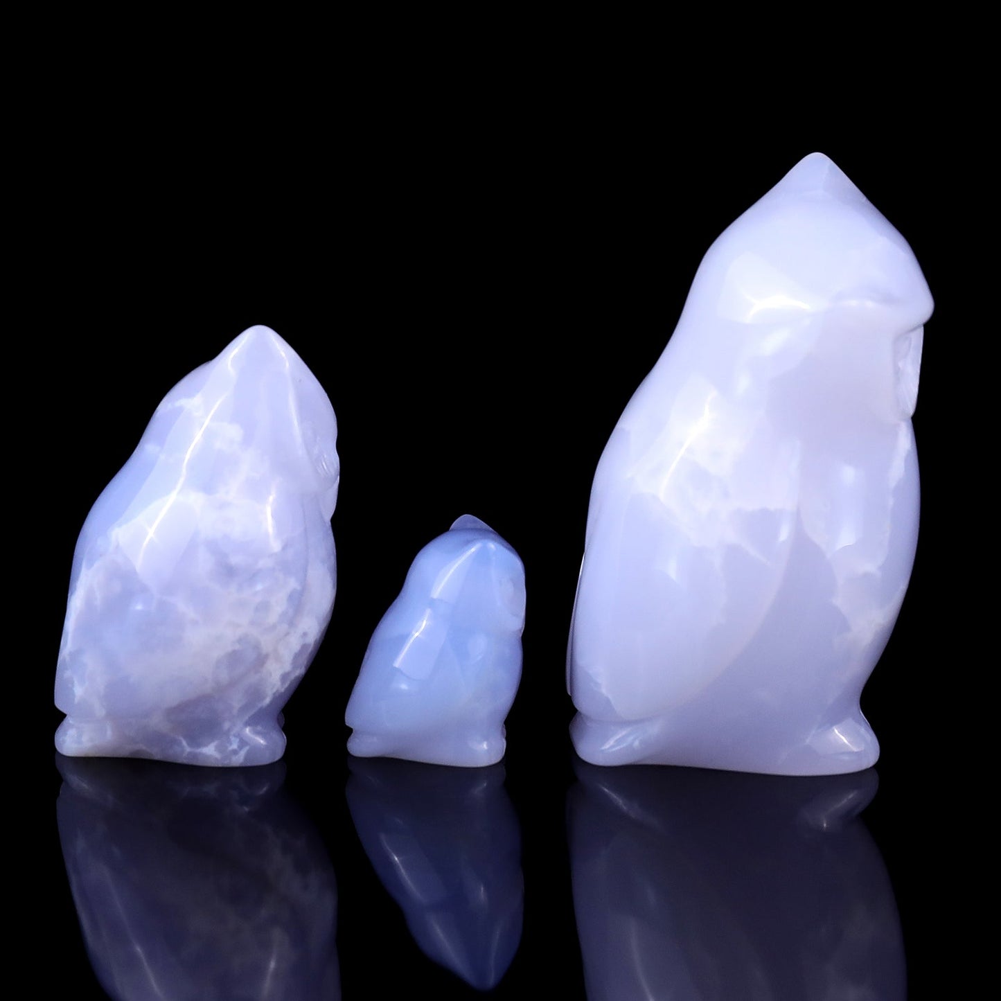 Nicedony 3.0" Blue Chalcedony Hand Carved Crystal Owl’s Family Sculpture - View 4