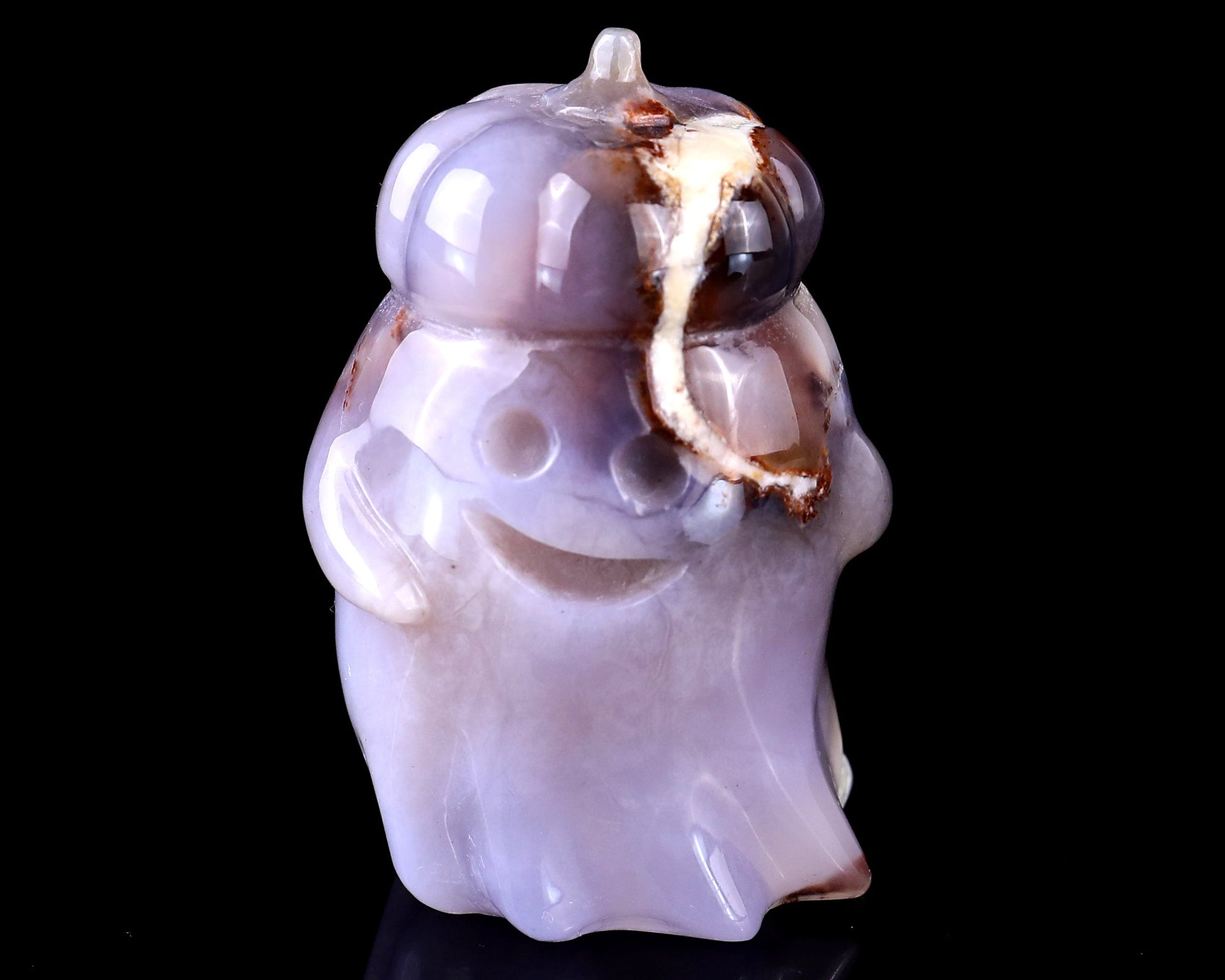 Nicedony 3.0” Natural Chalcedony Hand Carved Crystal Pumpkin Ghost Sculpture, Halloween Gift