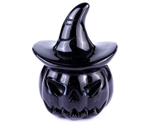 Nicedony 3.1" Black Obsidian Hand Carved Crystal Pumpkin Wizard