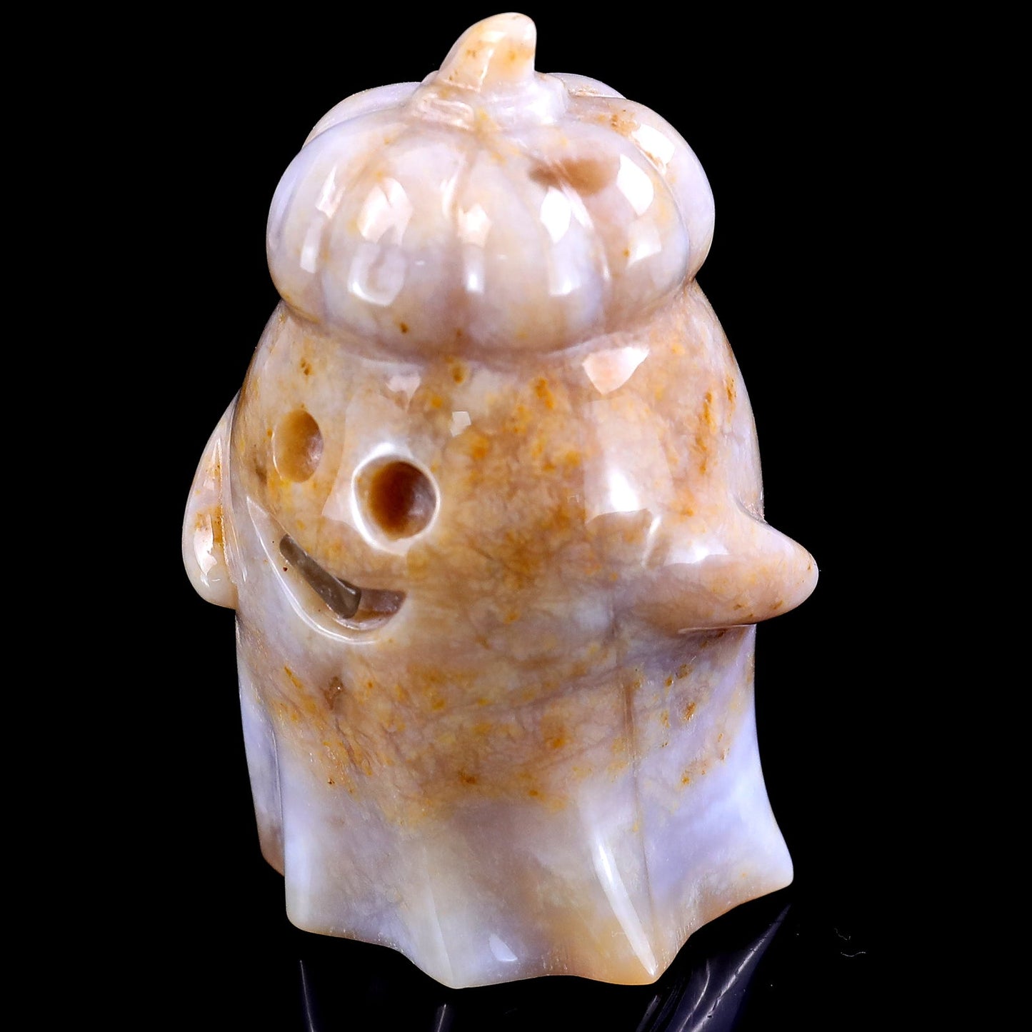 Nicedony 3.1” Natural Chalcedony Hand Carved Crystal Pumpkin Ghost Sculpture, Halloween Gift - View 7
