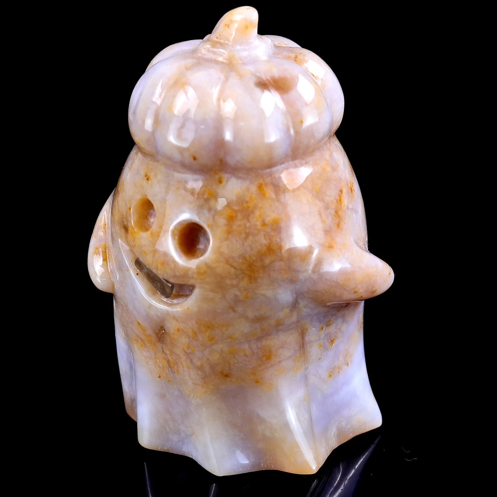 Nicedony 3.1” Natural Chalcedony Hand Carved Crystal Pumpkin Ghost Sculpture, Halloween Gift - View 7