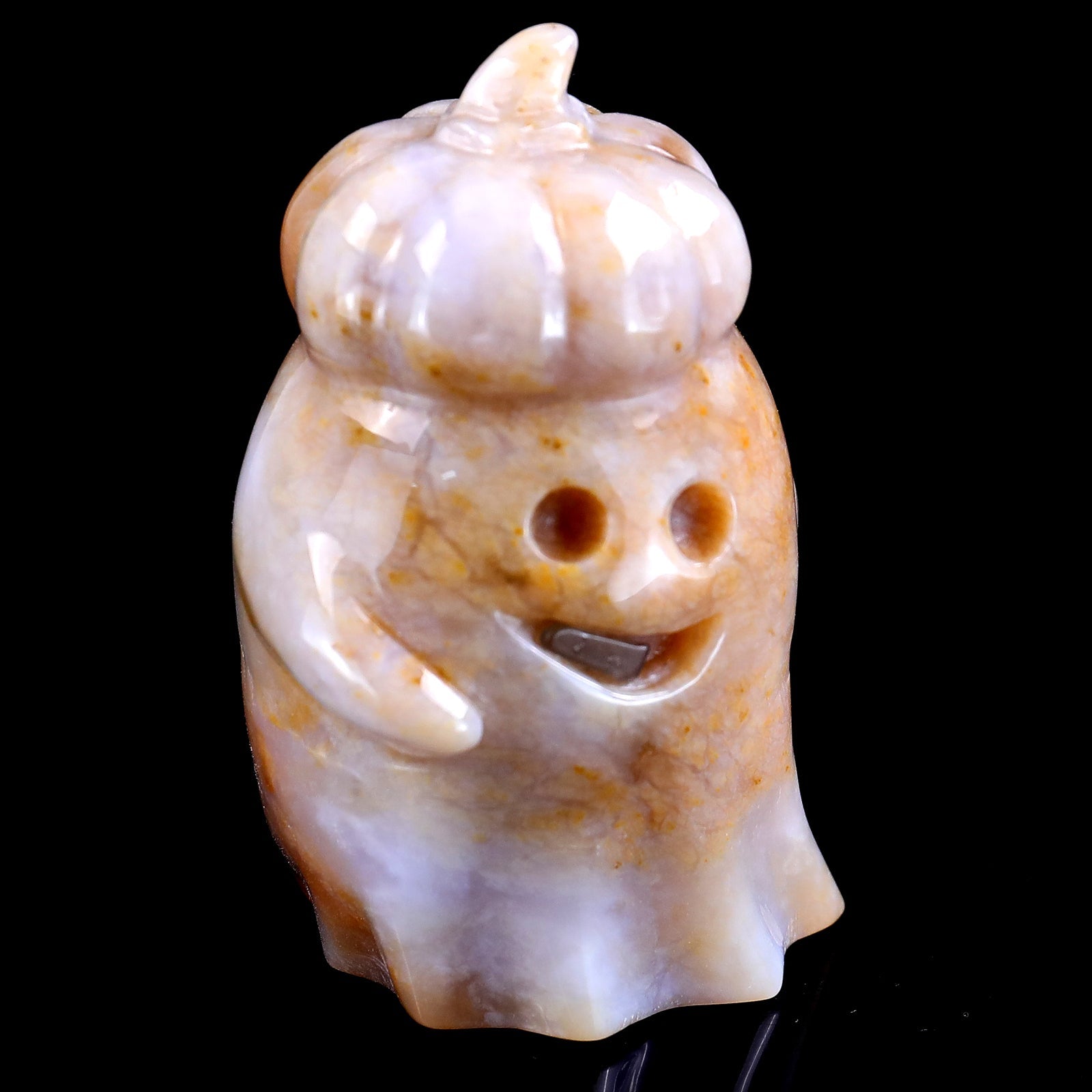 Nicedony 3.1” Natural Chalcedony Hand Carved Crystal Pumpkin Ghost Sculpture, Halloween Gift