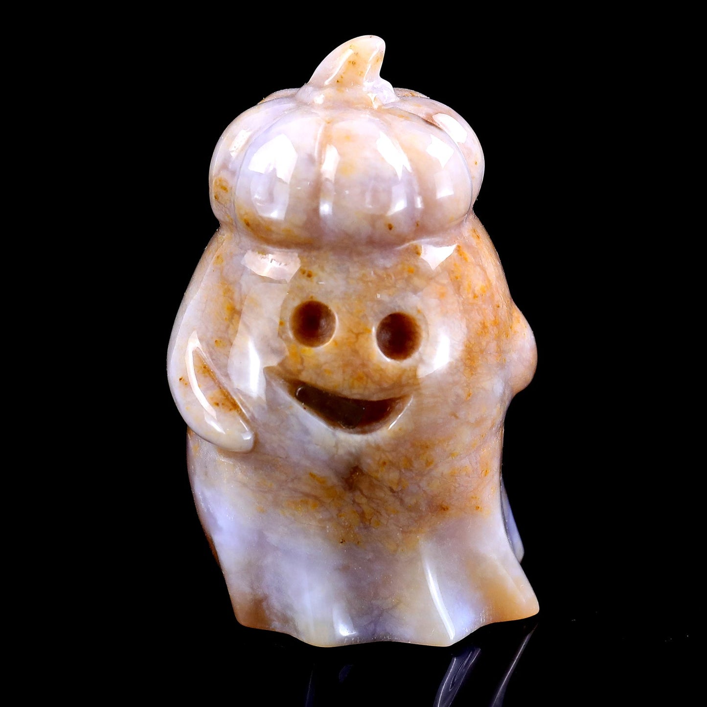 Nicedony 3.1” Natural Chalcedony Hand Carved Crystal Pumpkin Ghost Sculpture, Halloween Gift - View 2