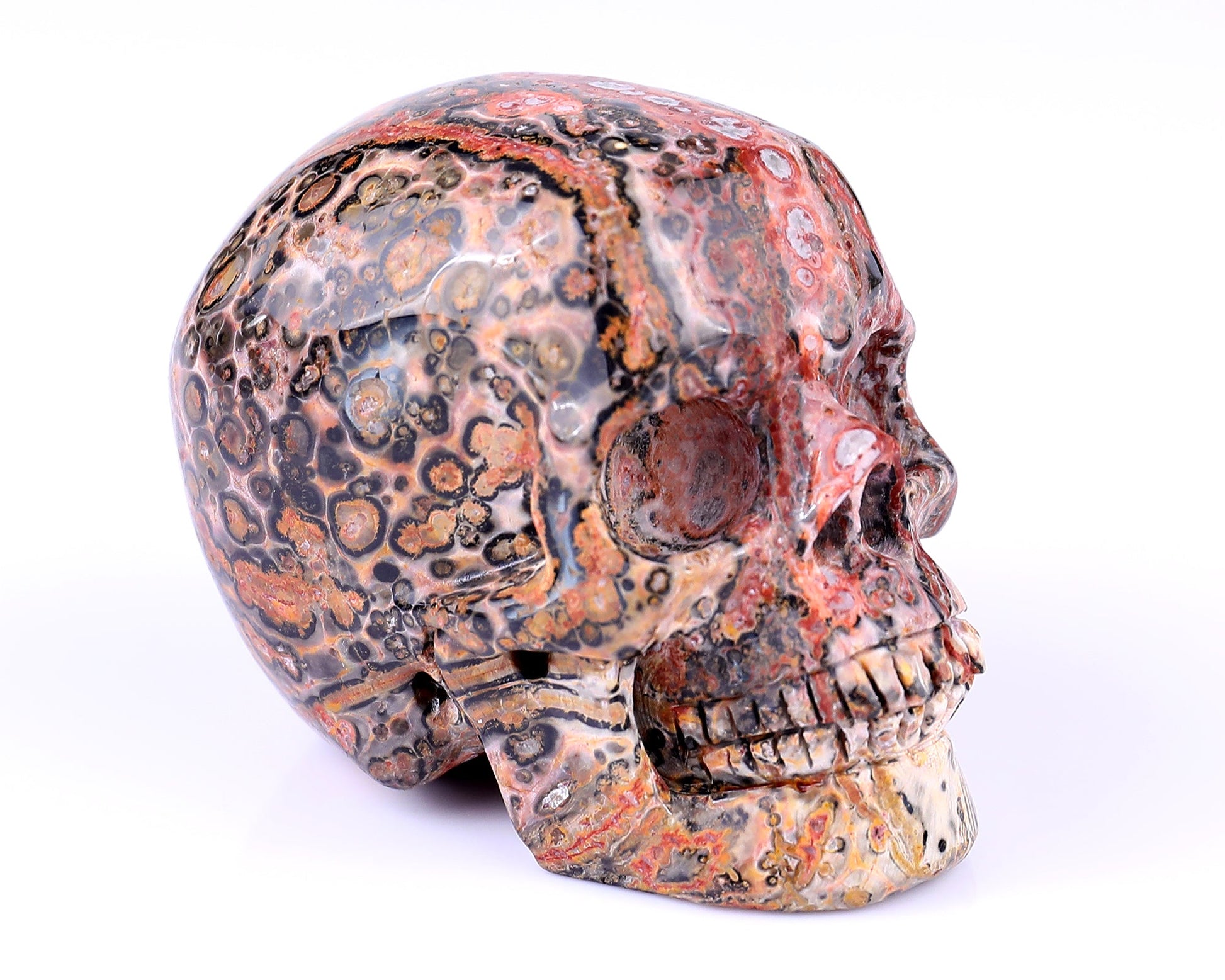 Nicedony 3.1" Leopard Skin Jasper Hand Carved Realistic Skull - #5100020
