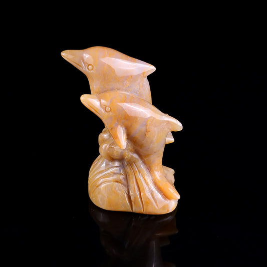 Nicedony 3.2" Chalcedony Hand Carved Crystal Dolphins Sculpture
